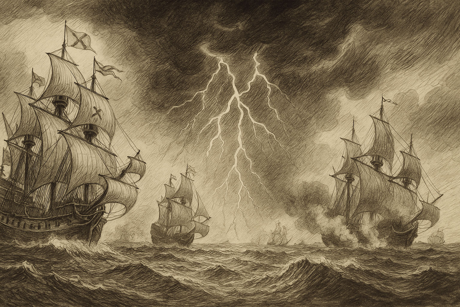 AI-generated ink illustration of Spanish and English ships clashing in a storm during the 1588 Armada campaign