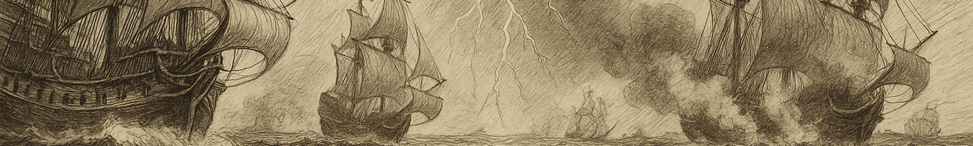gravelinas02 AI-generated ink illustration of Spanish and English ships clashing in a storm during the 1588 Armada campaign