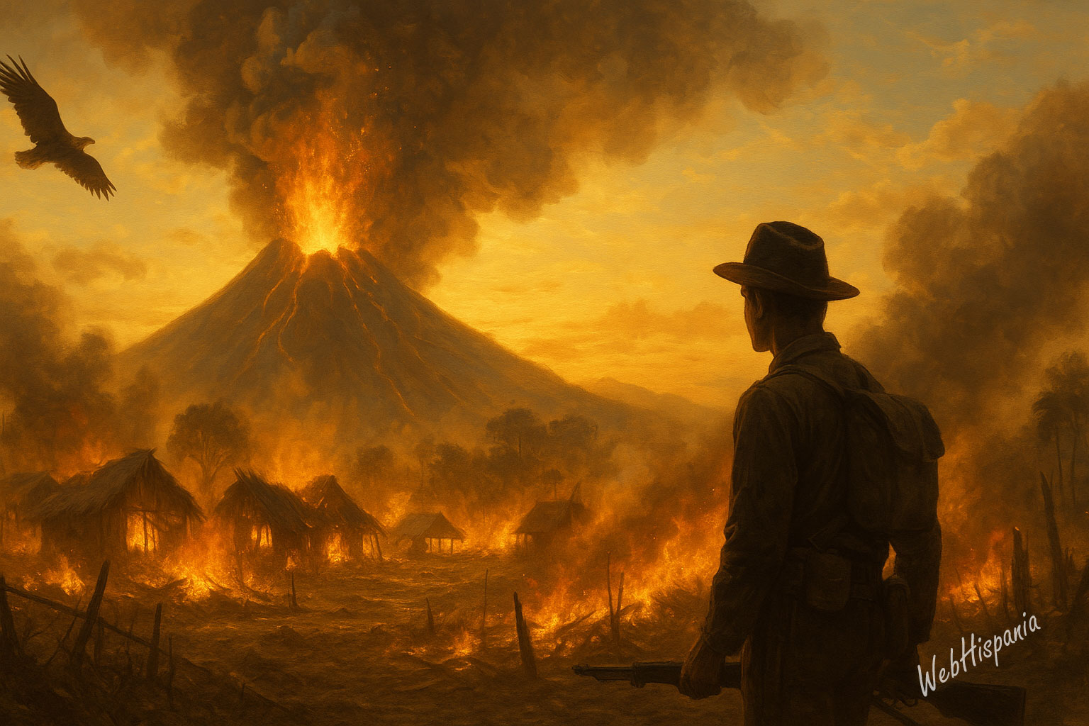 Early-1900s U.S. soldier watches a village burn as a volcano erupts, symbolizing imperial violence in the Philippines.