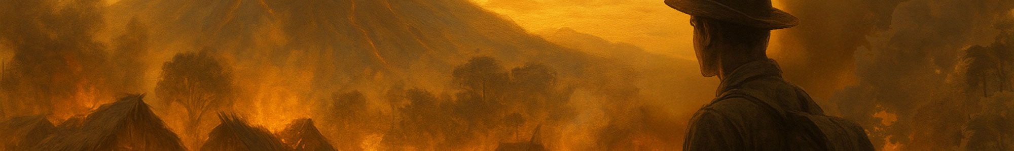 horror02 Early-1900s U.S. soldier watches a village burn as a volcano erupts, symbolizing imperial violence in the Philippines.