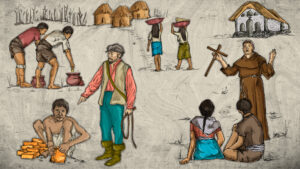 Colour drawing of Spanish encomendero supervising clothed Indigenous farmers next to adobe huts.